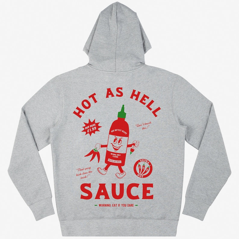 Vintage Hot As Hell Sauce Grey Unisex Graphic Hoodie