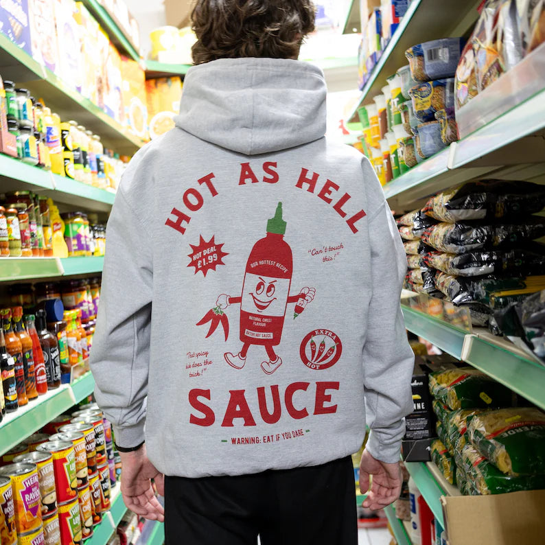 Vintage Hot As Hell Sauce Grey Unisex Graphic Hoodie