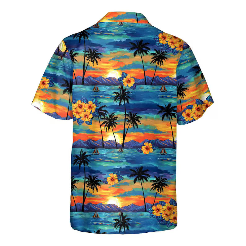 Tropical Sunset Hawaiian Shirt with Pocket | Unisex Aloha Button-Down Shirt & Beach Vacation Casual Top