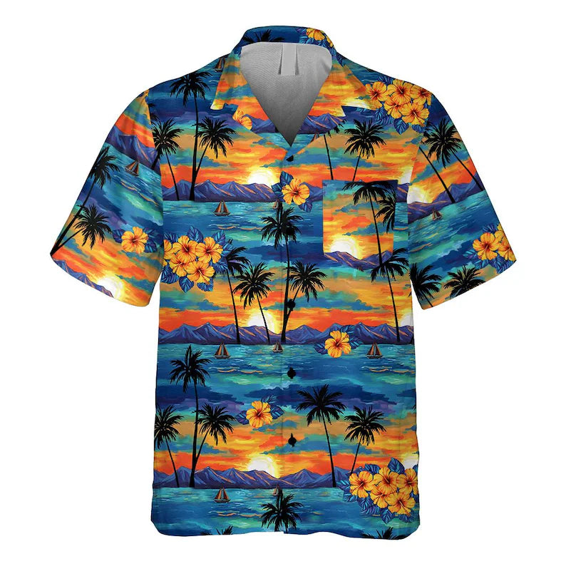 Tropical Sunset Hawaiian Shirt with Pocket | Unisex Aloha Button-Down Shirt & Beach Vacation Casual Top