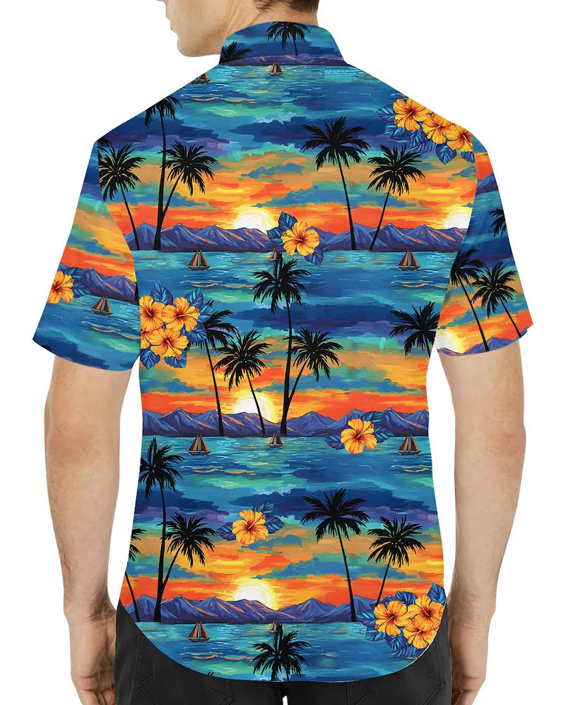 Tropical Sunset Hawaiian Shirt with Pocket | Unisex Aloha Button-Down Shirt & Beach Vacation Casual Top