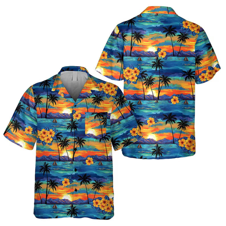Tropical Sunset Hawaiian Shirt with Pocket | Unisex Aloha Button-Down Shirt & Beach Vacation Casual Top