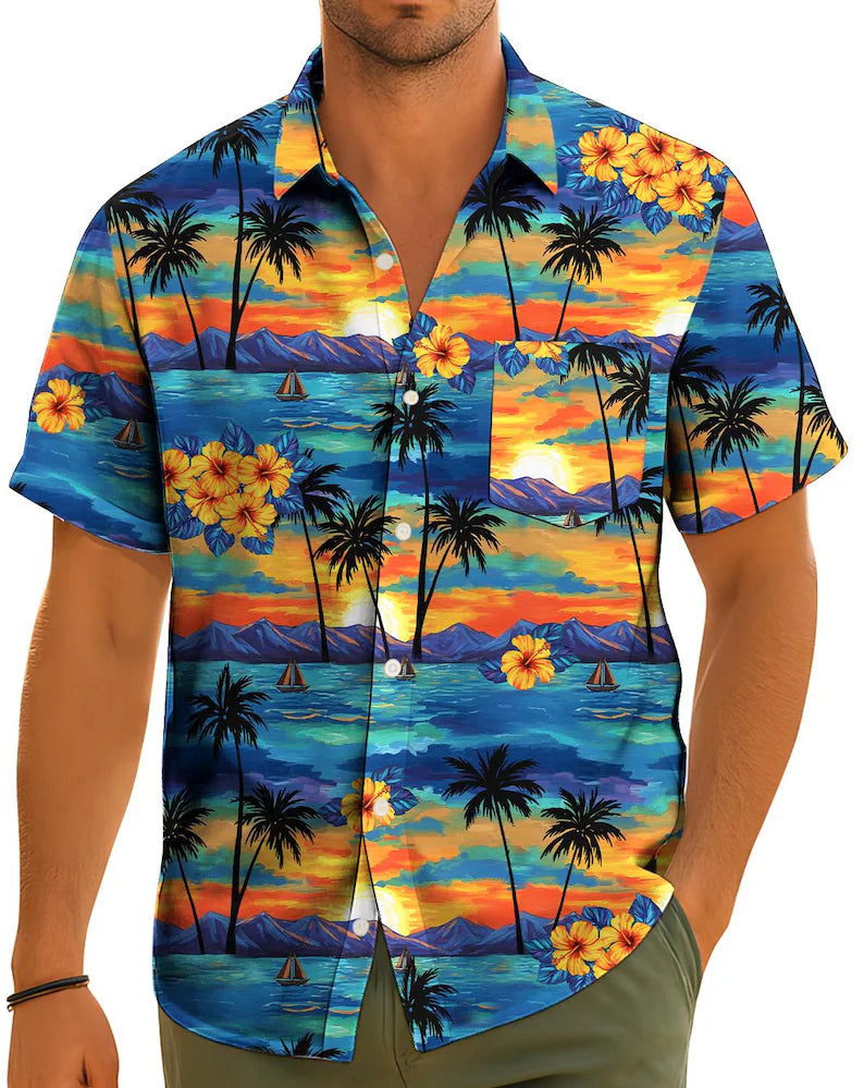 Tropical Sunset Hawaiian Shirt with Pocket | Unisex Aloha Button-Down Shirt & Beach Vacation Casual Top