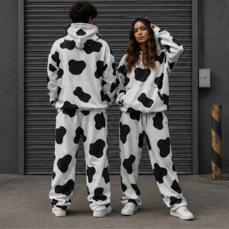Cow Print Tracksuit | Matching Sweat Set Oversized Two Piece Set Cute Patterned Fleece Hoodie & Joggers Lounge Set