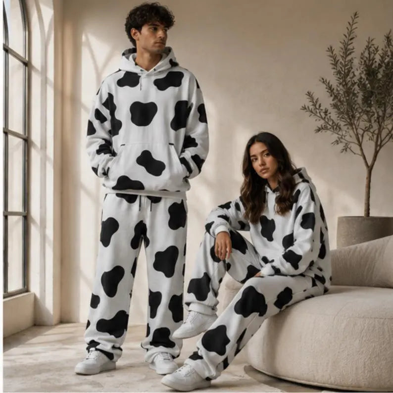Cow Print Tracksuit | Matching Sweat Set Oversized Two Piece Set Cute Patterned Fleece Hoodie & Joggers Lounge Set