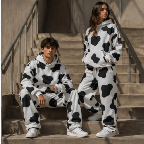Cow Print Tracksuit | Matching Sweat Set Oversized Two Piece Set Cute Patterned Fleece Hoodie & Joggers Lounge Set