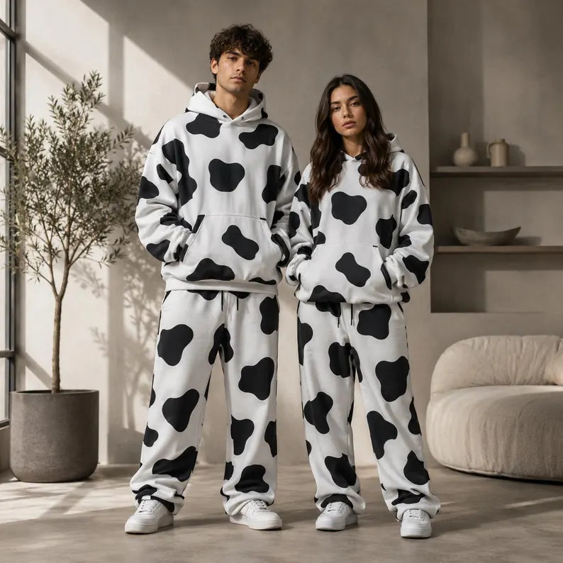 Cow Print Tracksuit | Matching Sweat Set Oversized Two Piece Set Cute Patterned Fleece Hoodie & Joggers Lounge Set